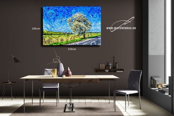 Absolutno, rozkvetlá jabloň, u silnice, zelená louka, modré nebe, styl Vincent van Gogh, originální foto-obraz na zeď, Martin Lukač, autor, vizuál na zeď, k prodeji v našem eshopu