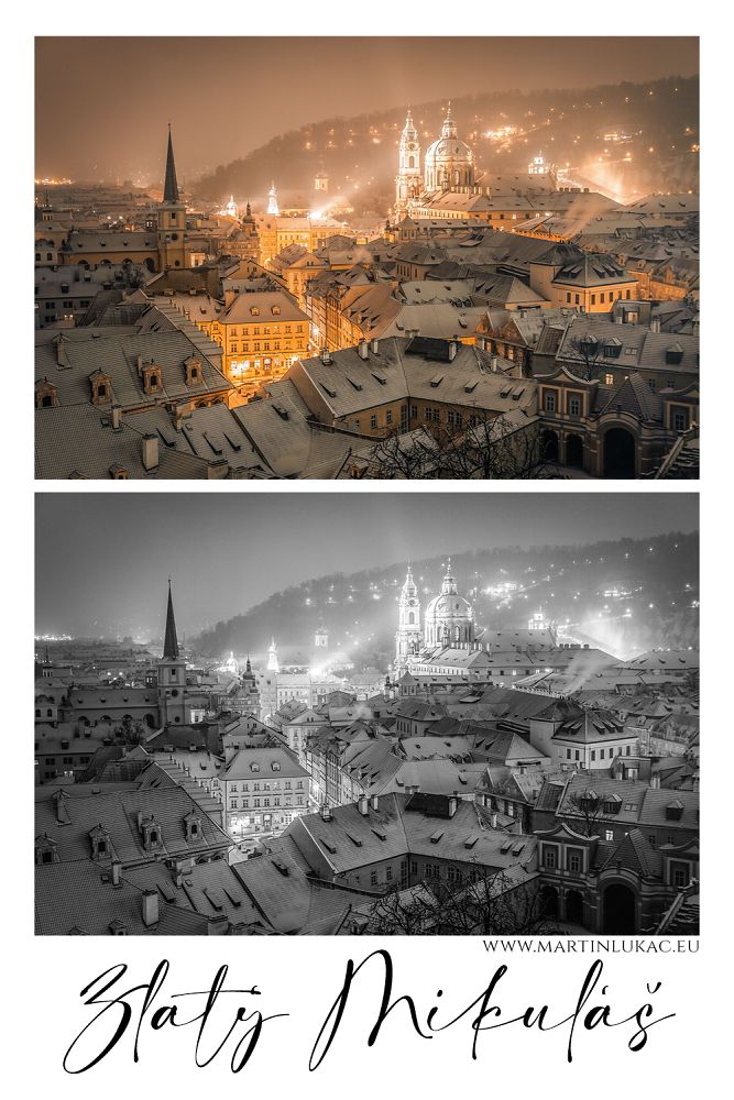 Zlatý Mikuláš, noční fotografie, pod sněhem, zimní Staré Město, zlatá Praha, autor Martin Lukač