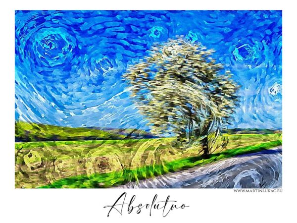 Absolutno, malba ve stylu Van Gogha, pulzující blankytná obloha a krajina s osamělým stromem, autor Martin Lukač