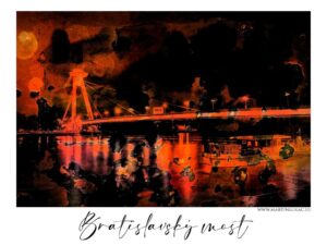 Noční pohled na Bratislavský most osvětlený oranžovými světly, originální foto-obraz od Martina Lukače.