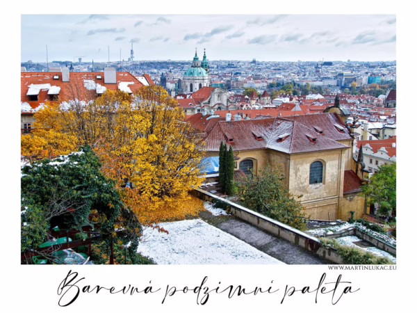Pohled na podzimní Prahu s pestrým listím a první sněhovou pokrývkou, autor Martin Lukač, pražský fotograf, www.martinlukac.eu