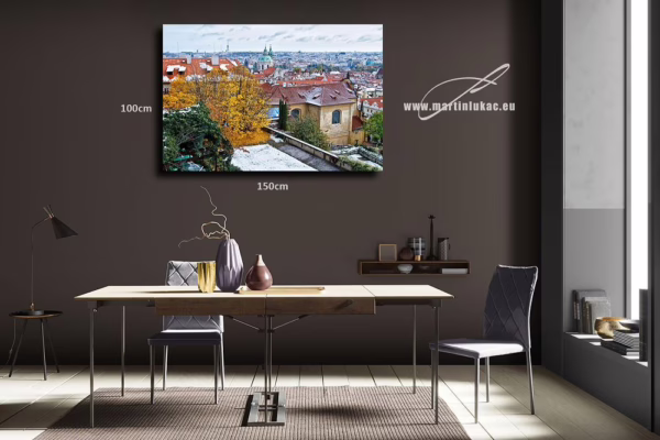 Vizualizace obrazu s motivem podzimní Prahy se sněhem a barevnými stromy, k prodeji v našem eshopu – autor Martin Lukač, pražský fotograf, www.martinlukac.eu