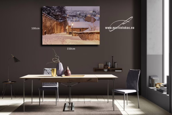 Vizualizace obrazu s ranní zimní Prahou na stěně interiéru, k prodeji v našem eshopu, autor Martin Lukač, pražský fotograf, www.martinlukac.eu