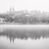 Mlžný pohled na historickou pevnost Vyšehrad s dvojvěžím baziliky sv. Petra a Pavla, odraz ve Vltavě, autor Martin Lukač, černobílá