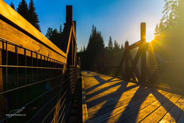 Hradlový most Šumava – sluneční paprsky zalévají dřevěný most v krajině, autor Martin Lukač