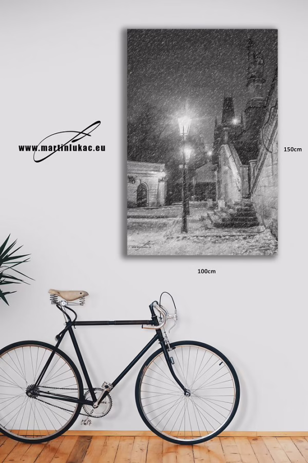 Vizualizace noční Kampy se sněhem jako ladovský obraz – k prodeji v našem eshopu, autor Martin Lukač, pražský fotograf, www.martinlukac.eu