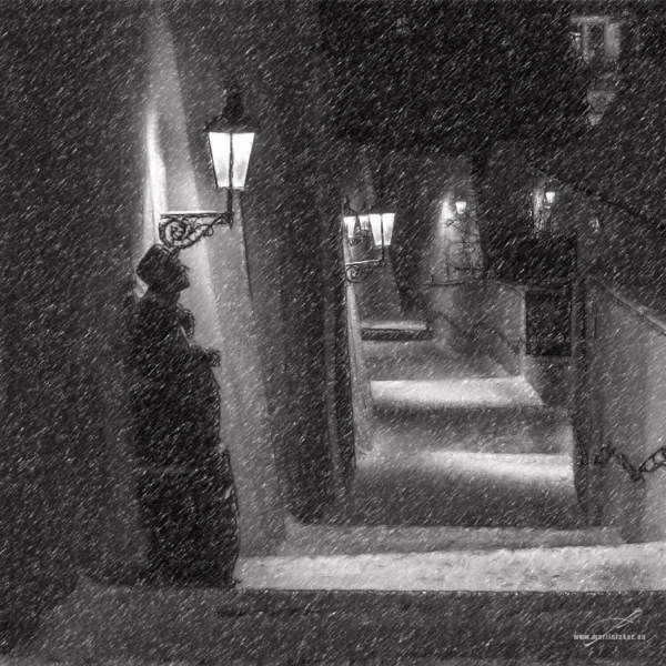 Zasněžená ulička se sochou Karla Hašlera a historickými lampami, autor Martin Lukač, pražský fotograf, www.martinlukac.eu