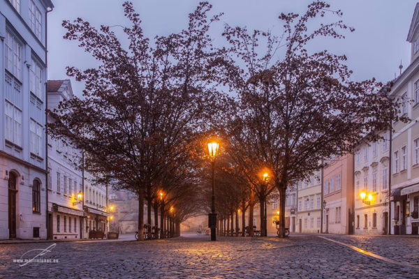 Poklidná ulice s rozsvícenými lampami v ranní mlze, autor Martin Lukač, pražský fotograf, www.martinlukac.eu