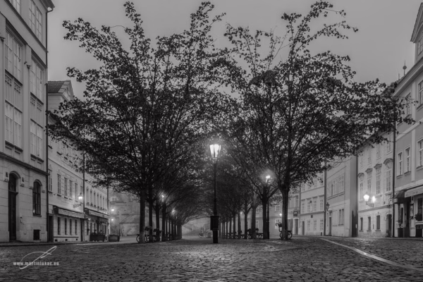 Poklidná ulice v černobílém provedení s ranní atmosférou, autor Martin Lukač, pražský fotograf, www.martinlukac.eu