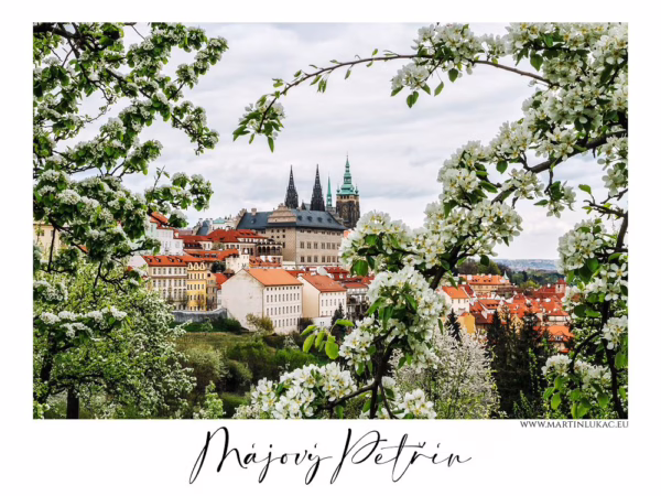 Pražský hrad v květnovém rámci rozkvetlých stromů na Petříně, autor Martin Lukač, pražský fotograf, www.martinlukac.eu