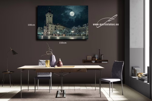 Vizualizace obrazu s vánoční Prahou a měsícem nad radnicí, k prodeji v našem eshopu, autor Martin Lukač