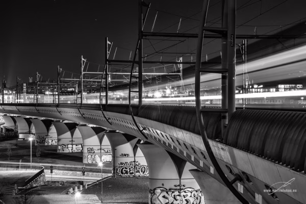 Černobílá verze fotografie noční estakády s projíždějícím vlakem nad Vítkovem, autor Martin Lukač