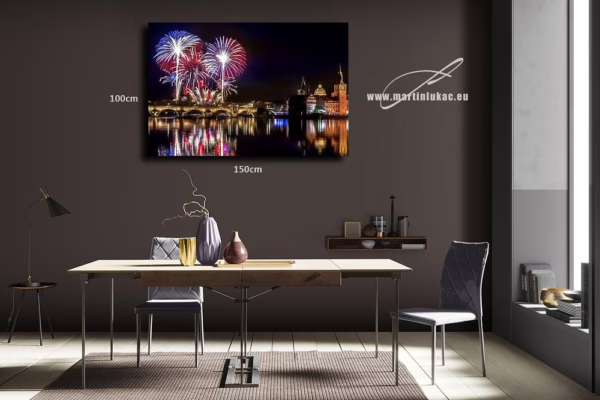 Vizualizace noční fotografie „Ohňostroj 3“ s Karlovým mostem a ohňostrojem, k prodeji v našem eshopu, autor Martin Lukač