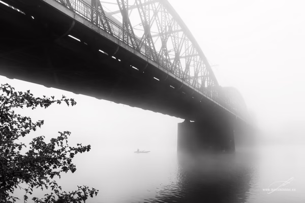 Mlžný pohled na železniční most přes Vltavu, pod ním loďka a větve stromu, černobílá fotografie, autor Martin Lukač, černobílá