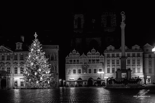 Vánoční strom na Staroměstském náměstí během pandemie v černobílé verzi, autor Martin Lukač, pražský fotograf, www.martinlukac.eu