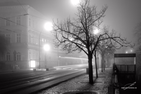 Tramvaj č. 17 – Noční mlžná ulice s projíždějící tramvají č. 17, světelná stopa a osvětlená alej v Praze, autor Martin Lukač, černobílá