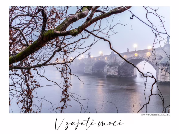 V zajetí moci – Karlův most zahalený mlhou, rámovaný větvemi stromů nad Vltavou, autor Martin Lukač