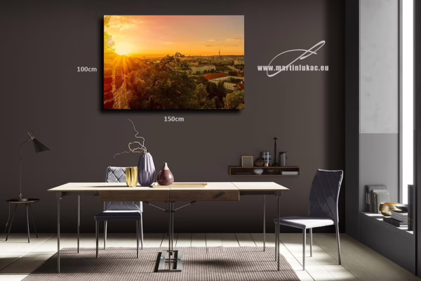Vizualizace obrazu Zlaté nebe nad Prahou v interiéru – panorama Prahy při západu slunce, autor Martin Lukač, pražský fotograf, www.martinlukac.eu