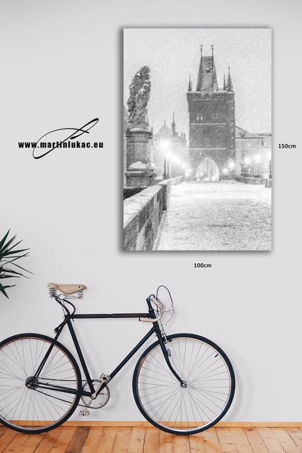 Vizualizace umělecké fotografie s Mosteckou věží ve sněhové bouři, k prodeji v našem eshopu, autor Martin Lukač, pražský fotograf, www.martinlukac.eu