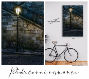 Nostalgický večerní záběr s bicyklem pod starou lucernou u kamenného schodiště, autor Martin Lukač, pražský fotograf, www.martinlukac.eu