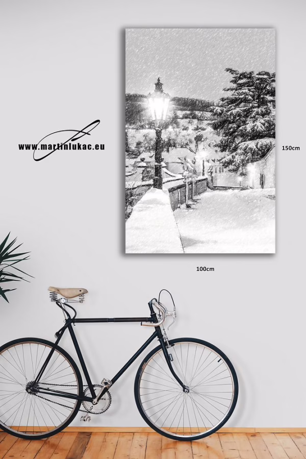 Vizualizace obrazu Pohádková peřina – zimní romantika pod lampou, k prodeji v našem eshopu, autor Martin Lukač, pražský fotograf, www.martinlukac.eu