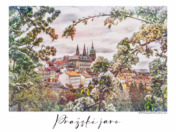 Rozkvetlé větve rámují historické panorama Prahy s dominantou Hradu, autor Martin Lukač, pražský fotograf, www.martinlukac.eu