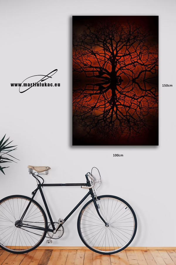 Vizualizace obrazu s názvem Prolínání – mystický motiv stromu a večerní oblohy, k prodeji v našem eshopu, autor Martin Lukač, pražský fotograf, www.martinlukac.eu