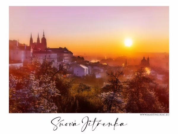 Pohled na Prahu za svítání s rozkvetlými stromy a východem slunce, autor Martin Lukač, pražský fotograf, www.martinlukac.eu