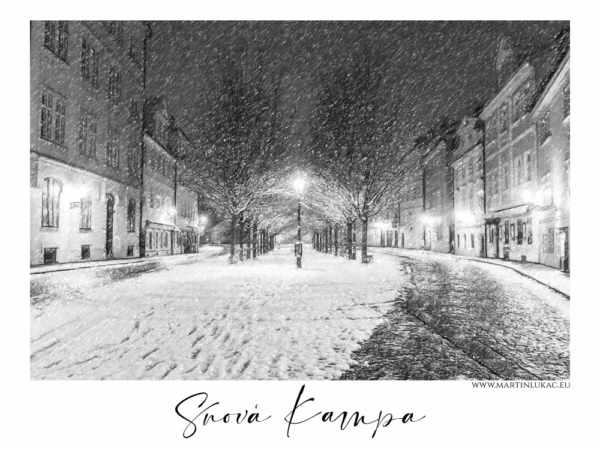 Zasněžená ulice na Kampě se svitem pouličních lamp, autor Martin Lukač, pražský fotograf, www.martinlukac.eu