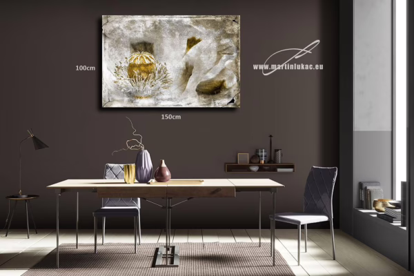 Vizualizace obrazu na zdi, k prodeji v našem eshopu – zlatý symbol v prasklinách času, autor Martin Lukač, pražský fotograf, www.martinlukac.eu