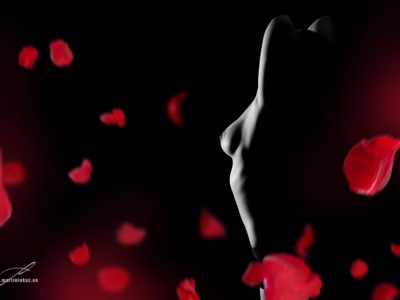 Smyslná silueta ženy v tajemném světle... Ladné křivky ženy - Silueta ženy s jemným nasvícením a vznášejícími se červenými lístky, autor Martin Lukač, www.martinlukac.eu, barevná