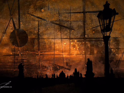 Karlův most zahalený do zlatého snu... Zlatá koláž architektury a symboliky nad Karlovým mostem, autor Martin Lukač, pražský fotograf, www.martinlukac.eu