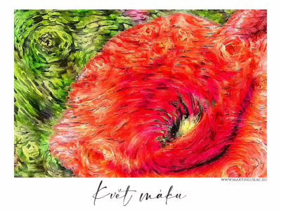 Energií pulzující květ máku... Výrazný květ máku v sytě červených a zelených tónech, autor Martin Lukač, pražský fotograf, www.martinlukac.eu