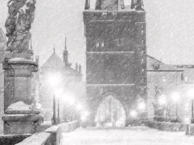 Zasněžená historická brána do Starého Města... Zimní pohled na staroměstskou bránu v Praze uprostřed hustého sněžení, autor Martin Lukač, pražský fotograf, www.martinlukac.eu