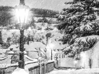 Zasněžené ráno, které jako by vyšlo z romantické pohádky... Zasněžená pražská ulice se starou lucernou v pohádkovém tichu, autor Martin Lukač, pražský fotograf, www.martinlukac.eu