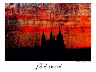 Pražský hrad v plamenech emocí... Večerní panorama Prahy s vrstveným graffiti v záři rudého soumraku, autor Martin Lukač, pražský fotograf, www.martinlukac.eu